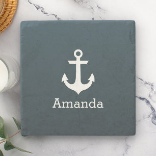 Nautical White Anchor Blue Ombre Persoonlijke naam Stenen Onderzetter