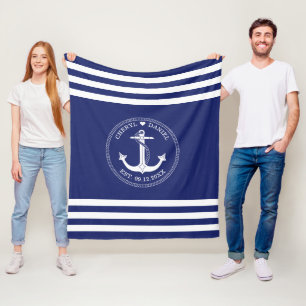 Nautical White Anchor Blue Stripe Monogram van bru Fleece Deken