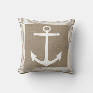 Nautical White Anchor & Faux Burlap Kussen