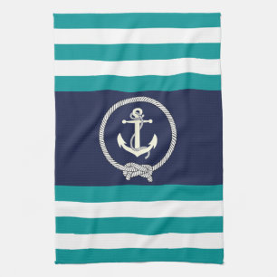 Nautical white anchor/marine knot/aqua/white strip theedoek