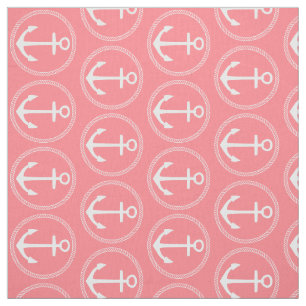 Nautical White Anchors and Rope on Coral Pink Stof