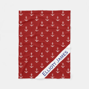 Nautical White Anchors on Red Personalized Fleece Deken