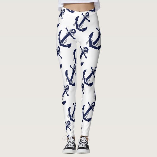 Nautical White & Blue Anchor Leggings (Voorkant)