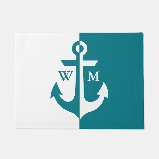 Nautical White en Blauwgroen Anchor Monogram Deurmat (Voorkant)