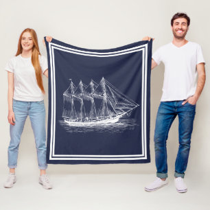 Nautical White Schooner Ship Fleece Deken
