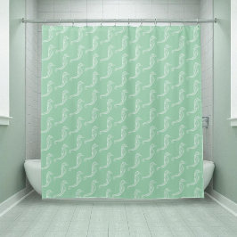 Nautical White Seahorse Skeleton Pattern Green Douchegordijn