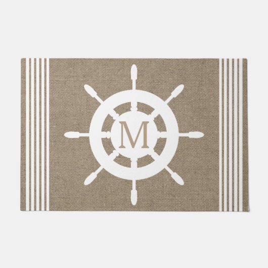 Nautical White Shield Wheel & Faux Burlap Deurmat (Voorkant)