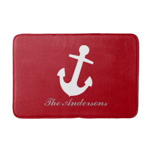 Nautical Witte Anker op Rood, Gepersonaliseerd Badmat