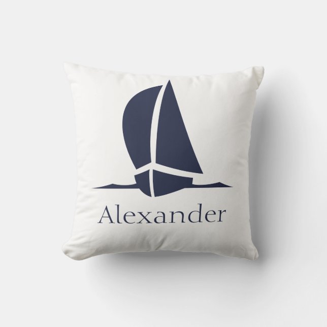 Nautical Witte zeilboot Navyblauw Kust Monogram Kussen (Voorkant)