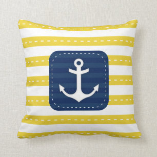 Nautical Yellow Stripes Navy Blue Banner Anchor Kussen