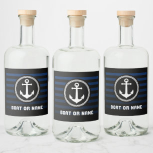 Nautical Zee Anchor Kapitein Name and Boat striped Likeurfles Etiket