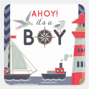 Nautical Zeilboot Ahoy Jongens Baby Shower Uitnodi Vierkante Sticker
