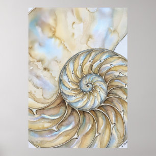Nautilus Schelp Aquarel Gouden Spiraal Oceaan Kuns Poster