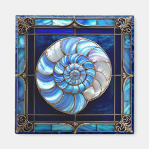 Nautilusschelp in blauwe glas-in-lood look magneet
