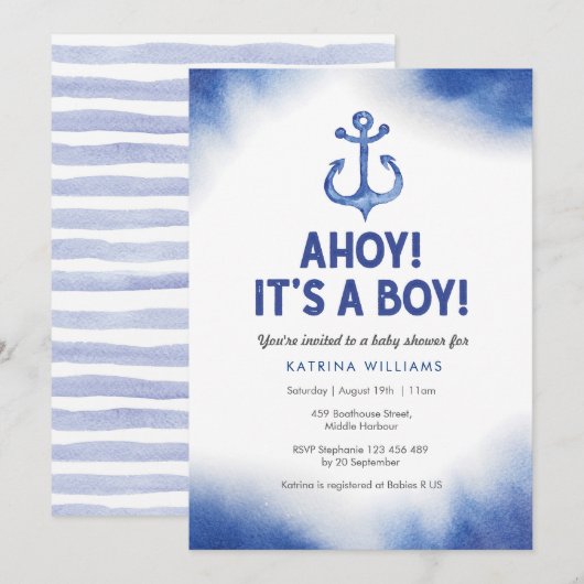Nautique Aquarelle bleu Baby shower invitation (Devant / Derrière)