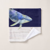 Nautique Bleu Baleine Aquarelle Blanc Nom du bois (Gant de toilette)