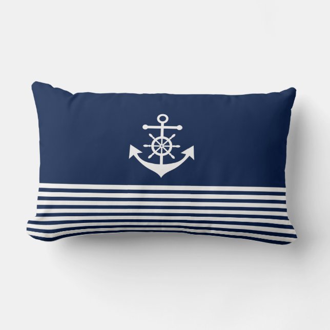 Nautique, Mer, Ancre, Rayures, Bleu, Coussin blanc (Recto)