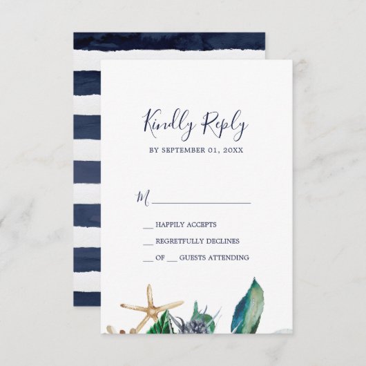 Nautique moderne | Carte RSVP verte et rayures (Devant / Derrière)