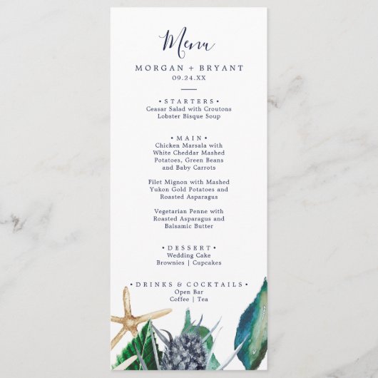 Nautique moderne | Menu Dîner Mariage verdoyant (Devant)