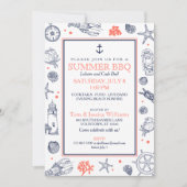 Nautique Plage Marine Bleu/Corail Invitation (Devant)