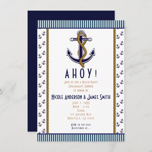 Nautisch Anker Blauw en Wit Gestreepte Uitnodiging (Voorkant / Achterkant)