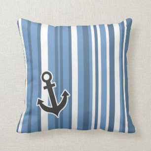 Nautisch anker; blauw-grijze strepen; gestreepte kussen