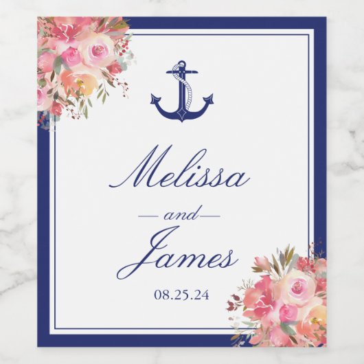 Nautisch Anker Bloemen Roos Navy Blue Bruiloft Wijn Etiket (Enkel label)