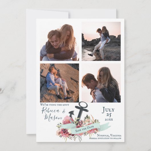 Nautisch Anker Bloemen Strand Bruiloft Multi Foto Save The Date (Voorkant)
