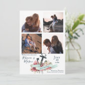 Nautisch Anker Bloemen Strand Bruiloft Multi Foto Save The Date (Staand voorkant)