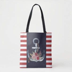 Nautisch anker bloemmotief, marineblauw, rode stre draagtas