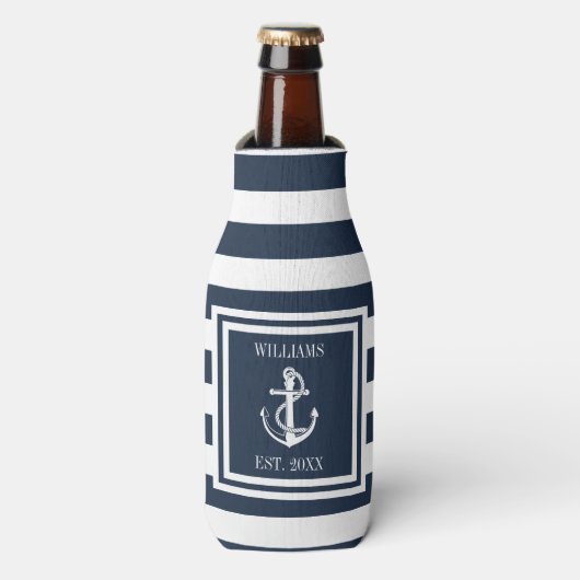 Nautisch anker boot familienaam Navy blauwe streep Flesjeskoeler (Fles Voorkant)