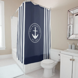 Nautisch Anker Custom Familienaam Marine Blauw Wit Douchegordijn
