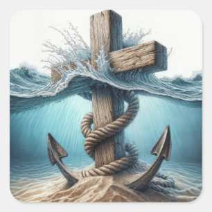 Nautisch anker en kruis in oceaanwater vierkante sticker