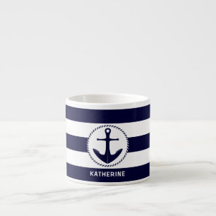Nautisch anker en marine blauw gestreept op maat espresso kop