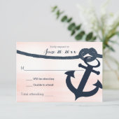 Nautisch anker en touw bruiloft reactie Blush RSVP Kaartje (Staand voorkant)