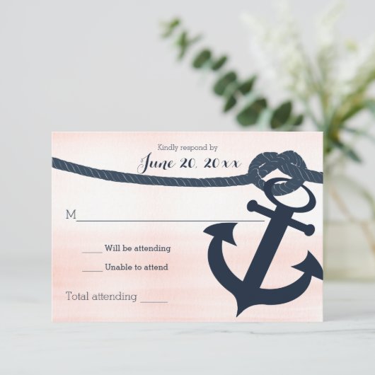 Nautisch anker en touw bruiloft reactie Blush RSVP Kaartje (Staand voorkant)