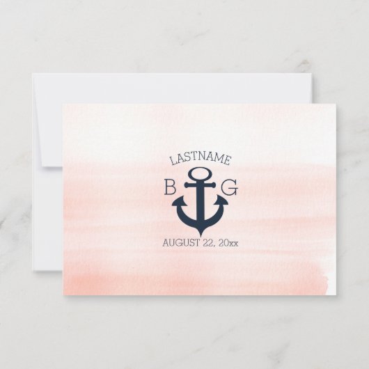 Nautisch anker en touw bruiloft reactie Blush RSVP Kaartje (Achterkant)