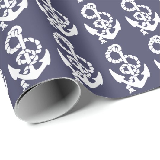 Nautisch anker en touw in blauw en wit cadeaupapier (Rol Hoek)