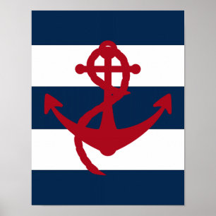 Nautisch Anker gedrukt rood, marjoin en wit Poster