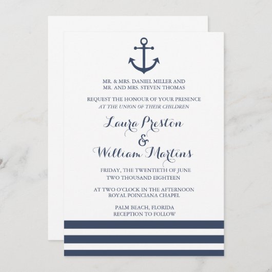 Nautisch Anker & Gestreepte Huwelijksuitnodiging Kaart (Voorkant / Achterkant)