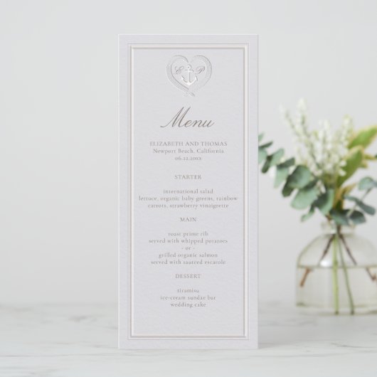 Nautisch anker Kust Touw Crest Formele bruiloft Menu (Staand voorkant)