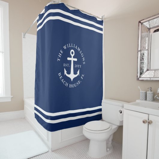 Nautisch Anker Licht Marine Blauw Wit Gepersonalis Douchegordijn (In situ)