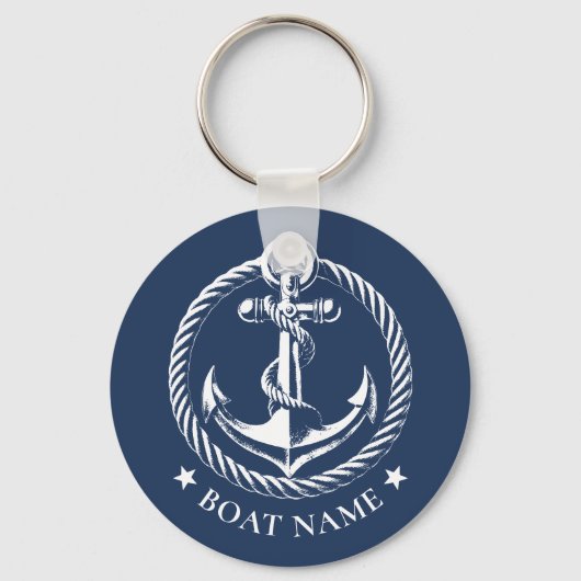 Nautisch Anker Logo Navy Blauwe Bootnaam Sleutelhanger (Voorkant)