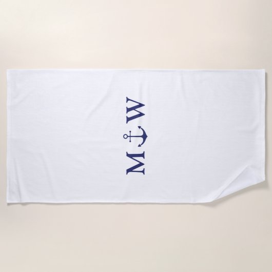 Nautisch anker marine blauw wit paar initialen strandlaken (Voorkant)