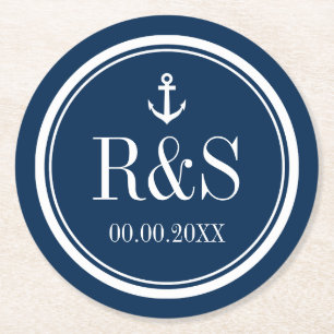 Nautisch anker marineblauw monogram bruiloft onder ronde kartonnen onderzetter