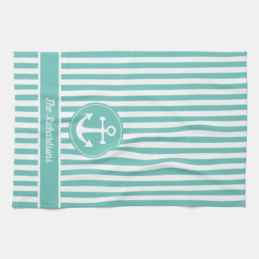 Nautisch anker met Blauwgroen en witte strepen met Theedoek (Horizontaal)