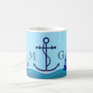 Nautisch anker met dubbel monogram koffiemok