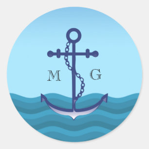 Nautisch anker met dubbel monogram ronde sticker
