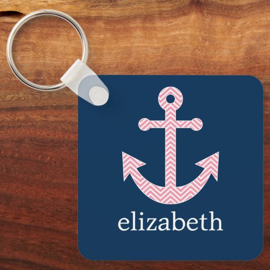 Nautisch anker met Navy Pink Chevron Pattern Sleutelhanger (Voorkant)