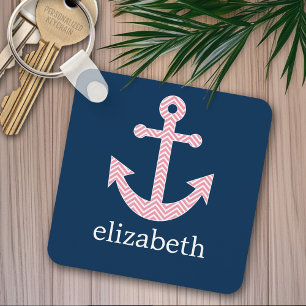 Nautisch anker met Navy Pink Chevron Pattern Sleutelhanger